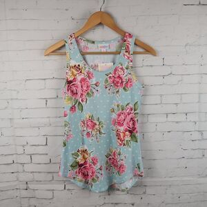 LULAROE BLUE WITH PINK FLORAL TANK TOP WITH ROUNDED HEM SIZE XS
